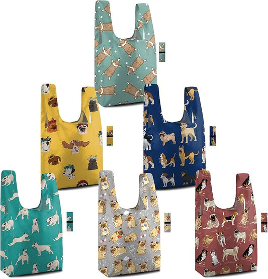 BeeGreen Reusable Grocery Bags 6 Pack - Foldable, Heavy Duty Shopping Tote Bags with Zipper Pouch, Large Capacity (50+ Lbs), Animal Prints Designs for Women & Men, Machine Washable