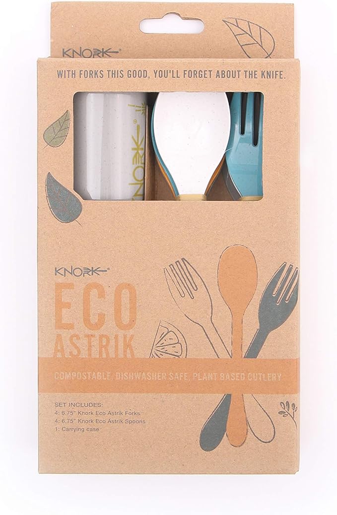 Knork Eco Astrik Reusable Compostable Plant-Based To Go Ware, Utensil Set with Carry Case, Orange Blue White Gray, 8 Piece Utensil Set with Carry Case