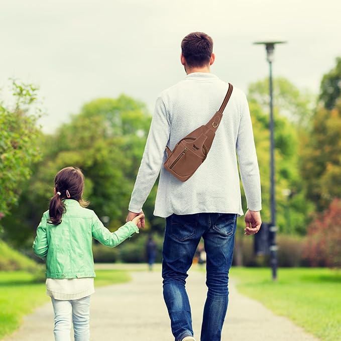 Leather Cross-body Sling Bag Casual Daypack Backpack Chest Shoulder Multi-Purpose Timeless Design Small Men (Light Brown)