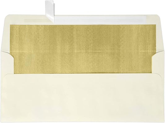 LUXPaper #10 Foil Lined Business Envelopes | Peel & Press | 4 1/8" x 9 1/2" | Natural w/Gold LUX Lining | 70lb. Text | 50 Qty