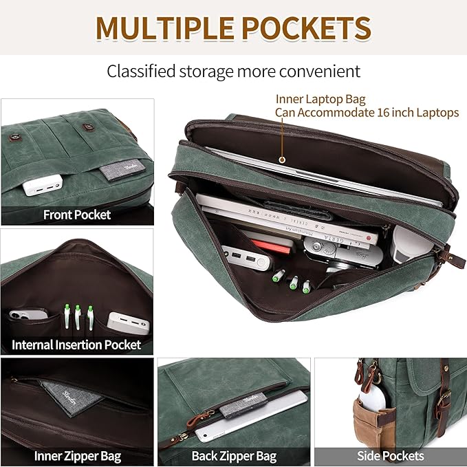 Messenger Bag for Men 15.6 Inch Vintage Canvas Genuine Leather Briefcase for Men Laptop Bag Satchel Shoulder Bag