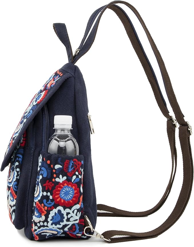 SILKAREA Vintage Embroidered Floral Ethnic Backpack for Women Handbag Shoulder Bag Mini Travel Purse (Embroidered Blue)
