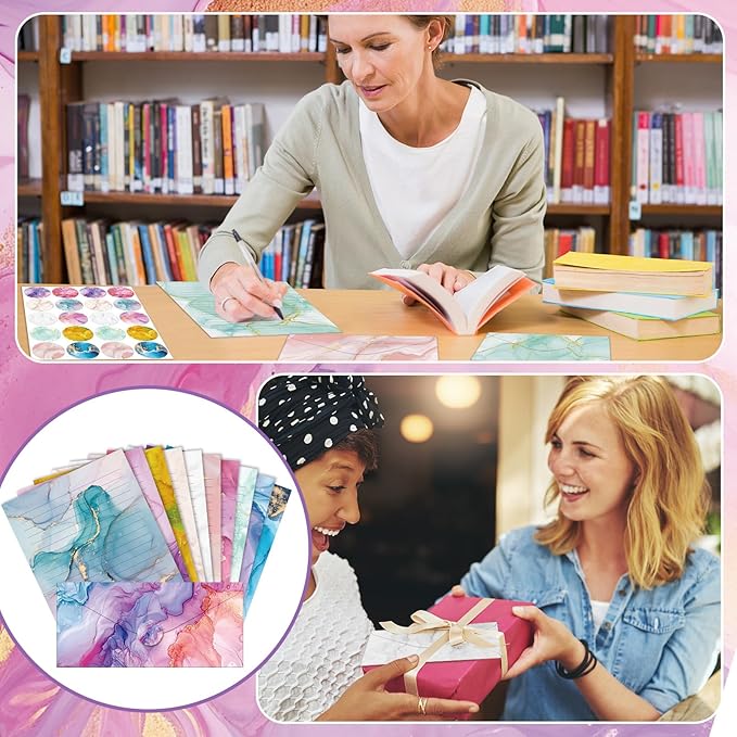 TaoBary 160 Pcs Stationery Paper Set 50 Double Sided Stationery Papers with 50 Matching Envelopes and 60 Round Dot Sticker, 10 Design(Marble,8.5 x 11 Inch)