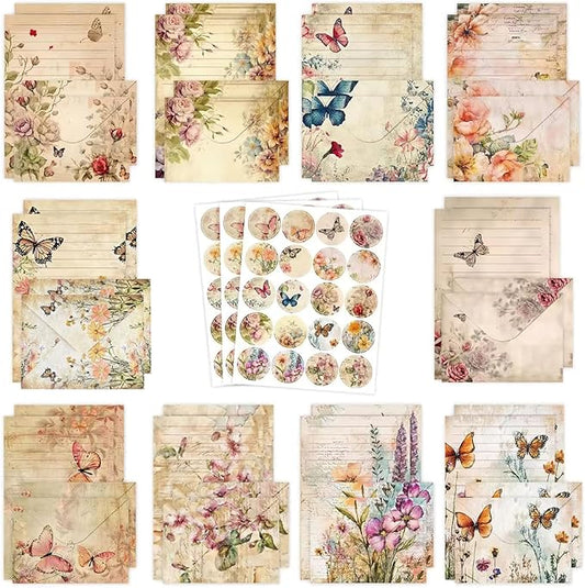 160 Pcs Stationery Paper Envelopes Set Includes 50 Lined Writing Paper & 50 Envelopes with 60 Colorful Round Dot Stickers, Cute Vintage Floral Letter Writing and Stationery Paper Envelopes(10Style)