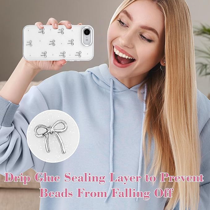 EYZUTAK Case for iPhone 16e, Bling Glitter 3D Bowknot Phone Case Cute Sparkly Crystal Clear Bow Aesthetic Design Cover Slim Soft Durable TPU Transparent Protective Cover for Women Girls - Bow