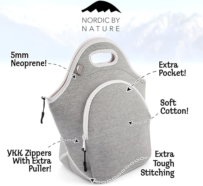 Insulated Large Neoprene Lunch Bag For Women, Men & Kids | Extra Pocket | 5 mm Insulation | 13.5” Big | Washable | Soft Designer Cotton | Best YKK Zipper In The World | LightGrey Lunch Box