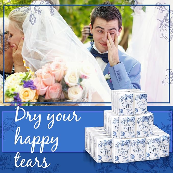 Spiareal 50 Pcs Blue Flower Happy Tears Tissues for Wedding Bulk 3 Ply for Your Happy Tears Wedding Tissues for Guests Pocket Paper Mini Travel Size for Party Favor Graduation