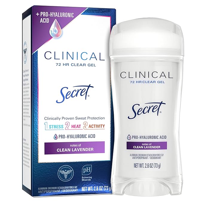 Secret Clinical Strength Antiperspirant Deodorant for Women, 3X Stress Protection, 72hr Sweat & Odor Protection, PH Balancing Minerals, Clear Gel, Clean Lavender Scent, 2.6 oz