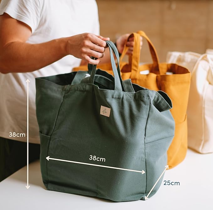 Nook Theory 3 Pcs Reusable Grocery Bags - Heavy Duty Canvas Bags, Large Reusable Shopping Bag, Picnic, 100% Cotton (Sand)