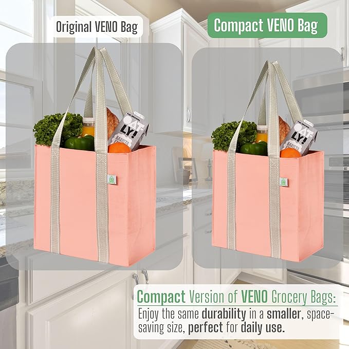 VENO 2-4 Pack Reusable Grocery shopping Bags, Small Tote Bag w/Handle Hard Bottom, Heavy Duty, Foldable Carrier