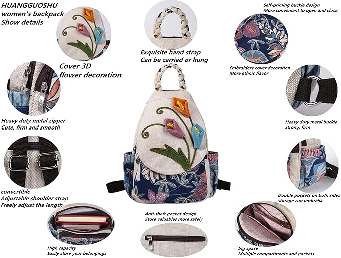 HUANGGUOSHU Bohemian Knit Backpack - Handcrafted, Multi-Pocket, Secure Zipper Pockets Pocket - Ideal Gift for Girls, Moms, and Students - Travel Essential for Fashionable Women-Flower Backpack