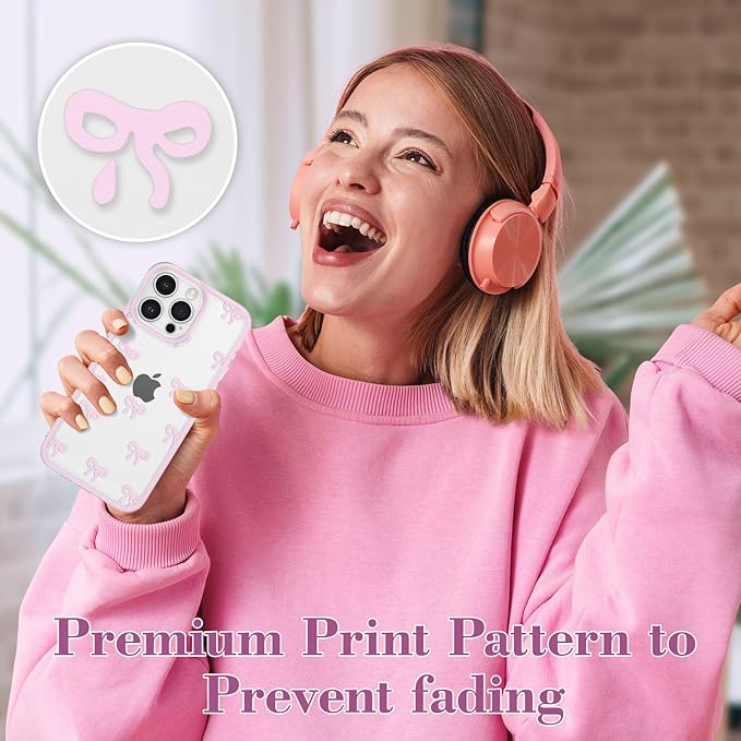 EYZUTAK Case for iPhone 16 Pro Max, Clear Cute Ribbon Bowknot Pattern Aesthetic Transparent Phone Case Raised Camera Protection Stylish Slim Soft Durable TPU Protective Cover for Women Girls - Pink