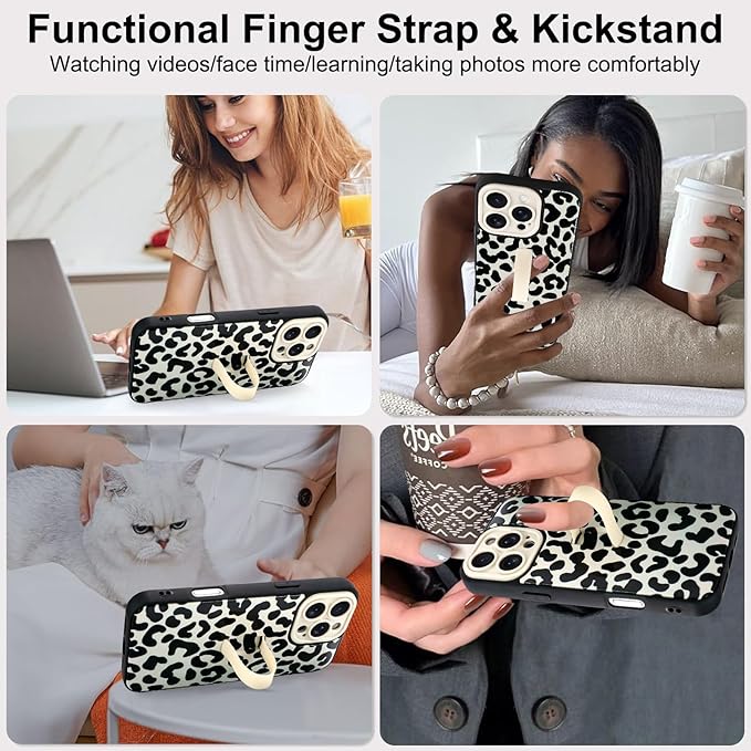 Compatible with iPhone 16 Pro Case with Finger Hand Strap Kickstand, Trendy Cool Leopard Cheetah Phone Case for Women Men, Full Camera Protection Shockproof Protective Cover, White Black
