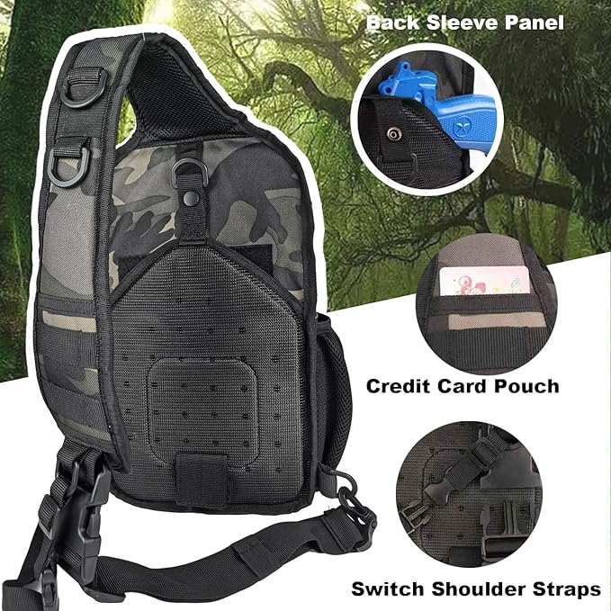 Tactical Shoulder Sling Bag, Small Chest Pack, 13L Backpack for Men Outdoor Sports, Black Camo