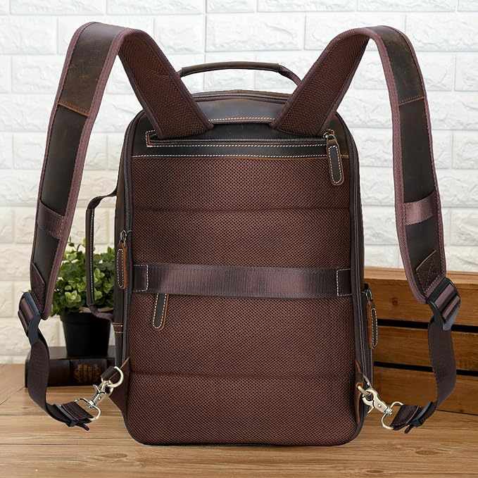 Masa Kawa Leather 15.6" Laptop Backpack for Men Convertible Briefcase Backpacks Expandable Vintage Business Work Travel Rucksack Daypack, Brown