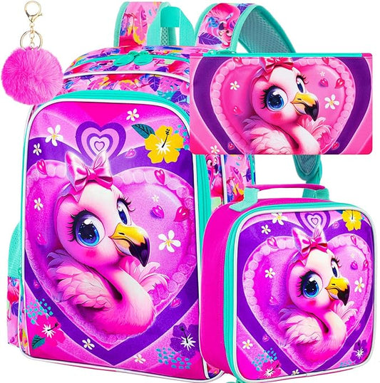 16" Girls Backpack, 3Pcs Flamingo School Bookbag with Lunch Box, Kids Backpacks for Elementary Preschool Kindergarten(Pink)