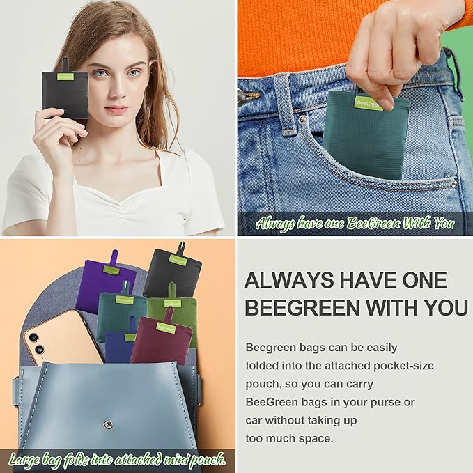 BeeGreen Reusable Grocery Bags Heavy Duty Extra Large 6 Pack Foldable Tote Bag - Cloth Grocery Bags Machine Washable Polyester Fabrics Bulk Shopping Bag - Reusable Gifts for Women (Green Black)