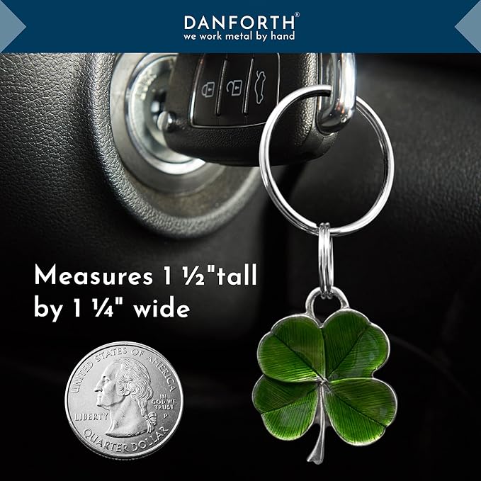 DANFORTH Four Leaf Clover Keychain (Green) | Pewter | Durable, Handcrafted Pewter Lucky Charm | St. Patricks Day Accessories | 1 ½” Tall x 1 ¼” Wide | Made in the USA