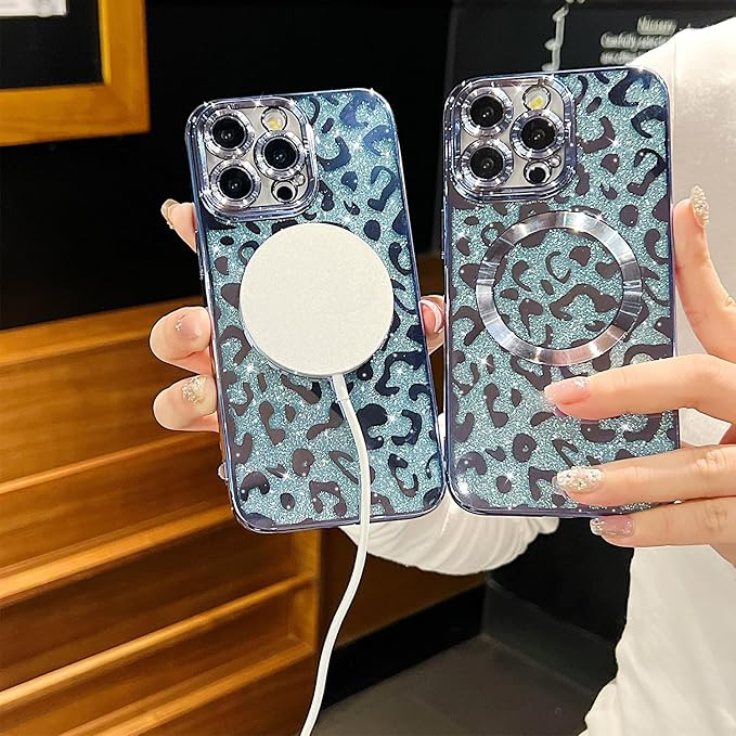 for iPhone 15 Pro Max Case Magnetic,Soft Cute Luxury Leopard Cheetah Pattern Plating Glitter Bling Phone Case Compatible with MagSafe Clear Shockproof Back Cover for Women Girl 6.7"-Blue
