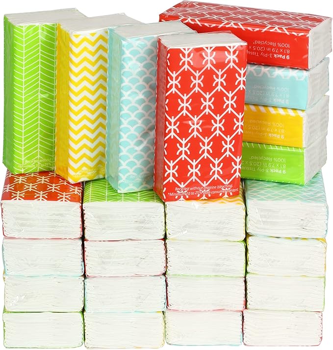 Funwares White Facial Travel Tissue Packs, Non-Bleach, Chlorine-Free, Compact Pocket Tissues for Car, Purse, School, Work, On-the-Go Tissue Packs, Geometric Design, 24 Packs, 216 Tissues, 3-Ply Sheets