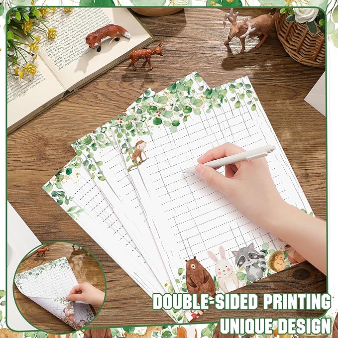 TaoBary 160 Pcs Stationery Paper Set 50 Double Sided Stationery Papers with 50 Matching Envelopes and 60 Round Dot Sticker, 10 Design(Woodland Animal,8.5 x 11 Inch)