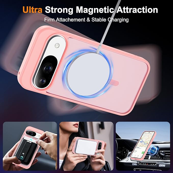 Compatible with Google Pixel 9 Case & Google Pixel 9 Pro Case with Magnetic [Compatible with Mag-Safe] Slim Translucent Matte Phone Cases with Anti-Fingerprint Tech, Pink