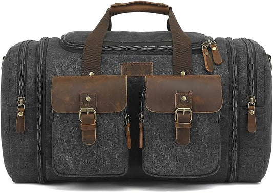 Imyth Retro Crazy Horse Leather Canvas Duffle Bag 60L Expandable Travel Bag for Airplanes (Black)