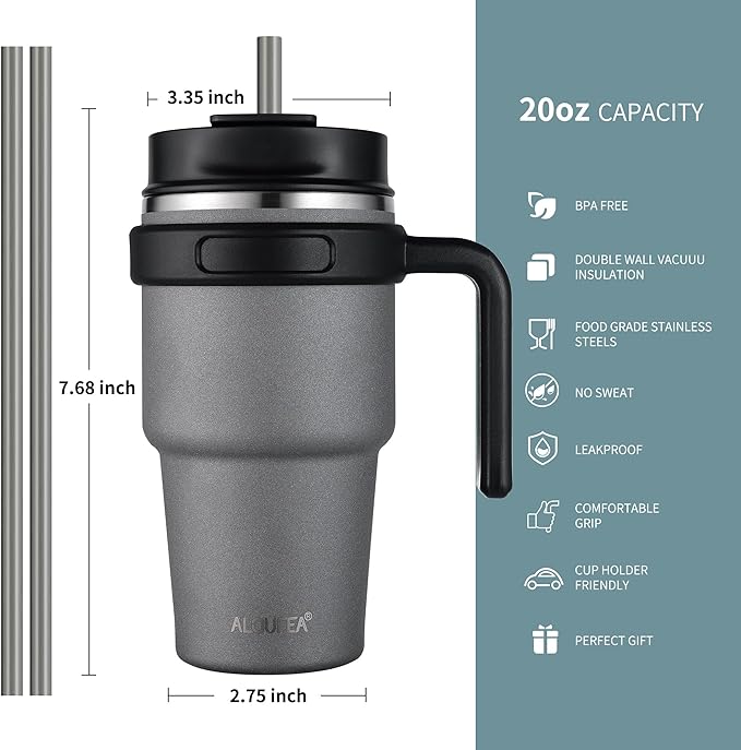 ALOUFEA 20 oz Insulated Coffee Mug Tumbler with Handle, Stainless Steel Travel Mug Tumbler with Lid and Straw,Double Wall Vacuum Leak Proof Ice Coffee Thermal Cup, Gray
