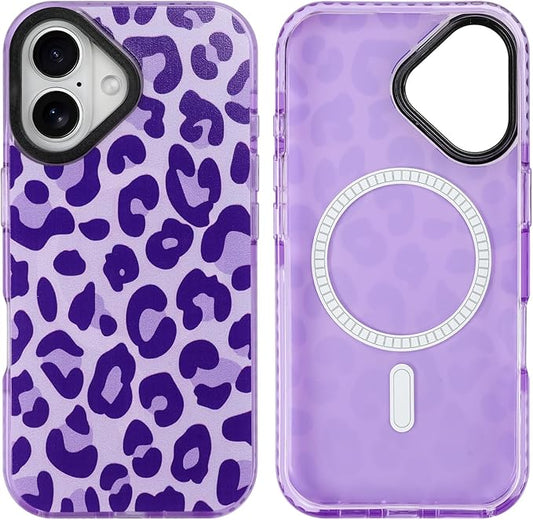 SAKUULO Magnetic for iPhone 16 Plus Case Dark Purple Leopard Print Pattern [Compatible with MagSafe] [with Screen Protector] Wireless Charge Strengthen Protection Cover, Dark Purple Leopard (6.7")