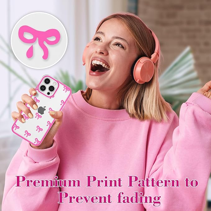 EYZUTAK Case for iPhone 16 Pro, Clear Cute Ribbon Bowknot Pattern Aesthetic Transparent Phone Case Raised Camera Protection Stylish Slim Soft Durable TPU Protective Cover for Women Girls - Rose Red