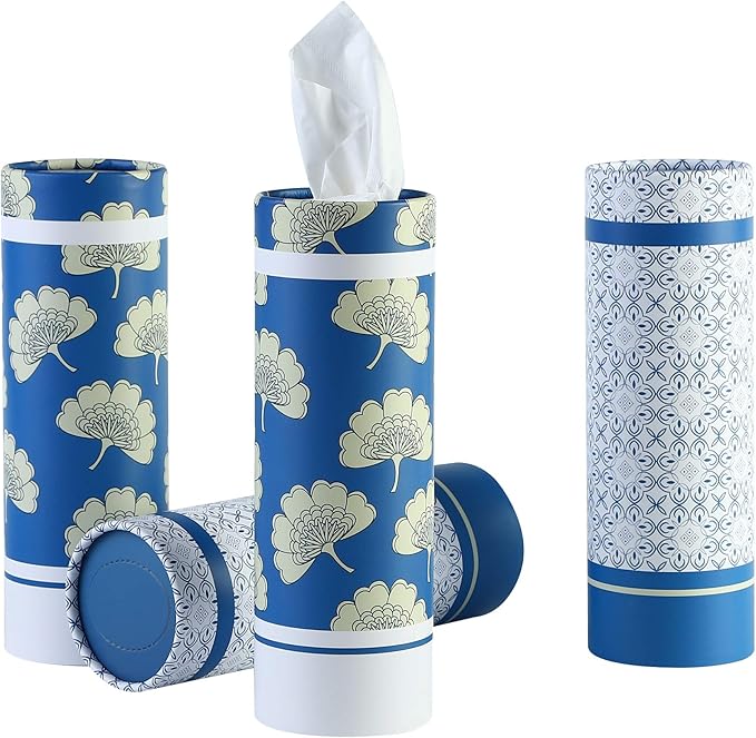 Car Tissues Holder with Facial Tissues - 4 PK - Travel Tissue Tubes Box Container Perfect Fit for Car Cup Holder Car Tissues Cylinder (Blue)