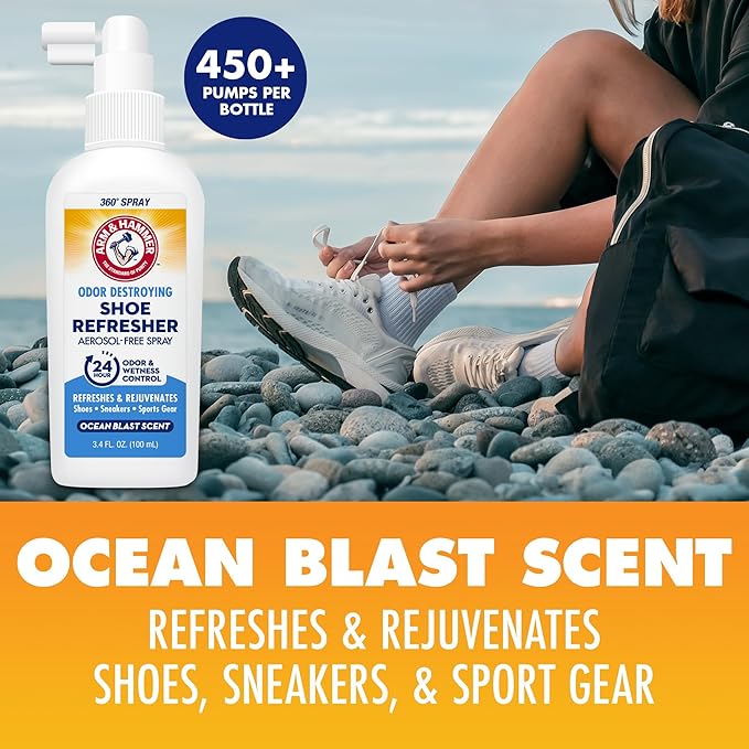 Arm & Hammer Shoe Refresher Spray, Odor Eliminator for Sneakers, 24 Odor & Wetness Control, Aerosol-Free Shoe Deodorizer Spray, Ocean Blast Scent, 3.4 oz, Pack of 2