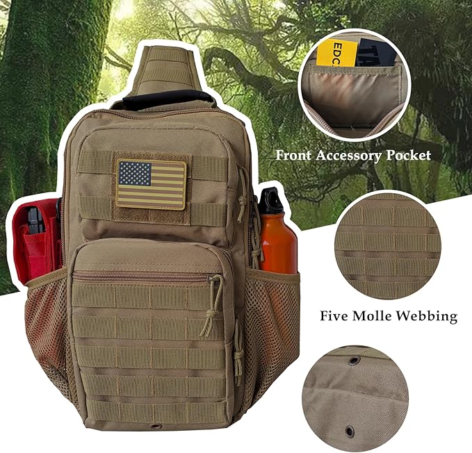 Tactical Shoulder Sling Bag, Small Chest Pack, 13L Backpack for Men Outdoor Sports, Coyote