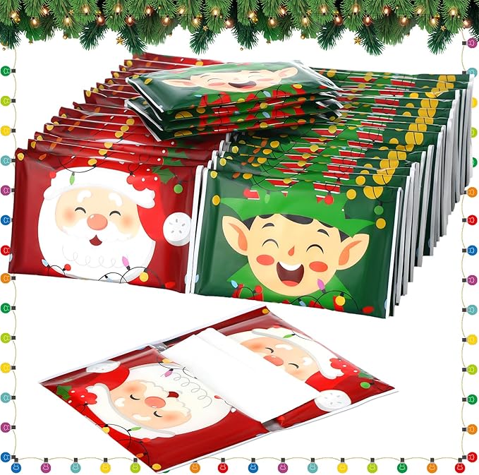 50 Pack Christmas Santa Claus Pocket Tissues Individual Packs Bulk 3 Ply Xmas Elf Wallet Travel Facial Tissues for Christmas Party Supplies