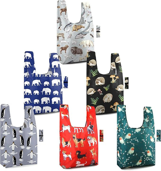 BeeGreen Reusable Grocery Bags 6 Pack - Foldable, Heavy Duty Shopping Tote Bags with Zipper Pouch, Large Capacity (50+ Lbs), Animal Prints Designs for Women & Men, Machine Washable