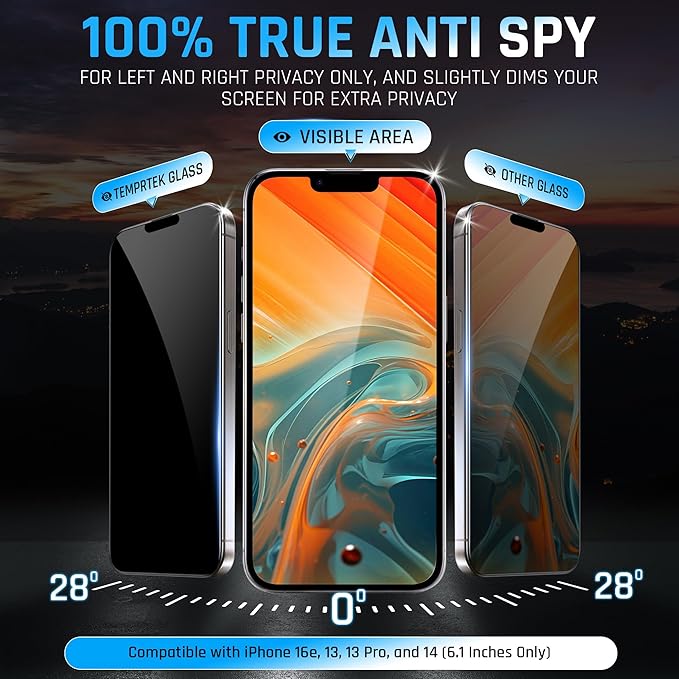 TEMPRTEK+ for iPhone 16e/13/13 Pro/14 Privacy Glass Screen Protector 2 Pack (9H+ Military Grade 3X Protection) Long Last Shatterproof Tempered Glass-Anti Scratch/Fingerprint [Full Coverage] Anti-Spy
