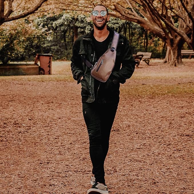 Peicees Leather Sling Bag Mens Crossbody Bag Chest Bag Sling Backpack for Men with USB Charge Port