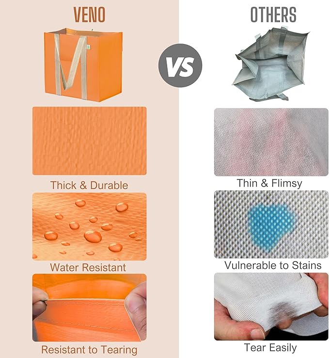 VENO 4 Pack Reusable Grocery Shopping Bags, Heavy-Duty Fall Tote Autumn Market Bags with Handles, for Shopping Cart with Hard Bottom, Foldable (Autumn Orange, 4 Pack)