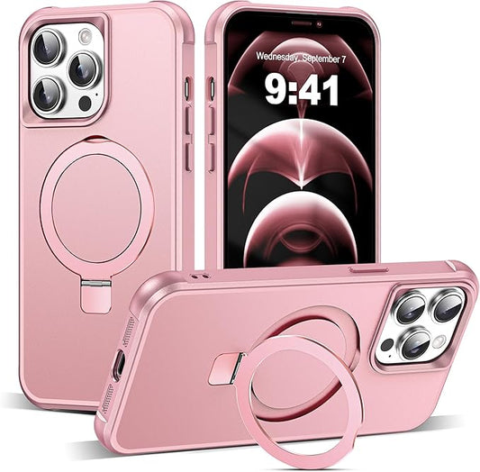 Compatible with iPhone 12 Pro Max Case & iPhone 13 Pro Max Case 6.7" with Magnetic O-Ring Stand [Compatible with Mag-Safe][Great Grip Feeling], Rose Gold