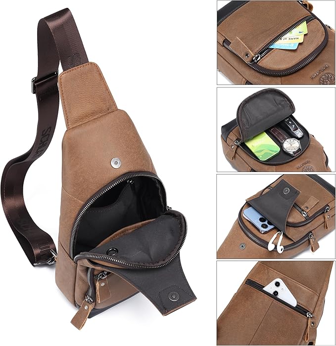 LUKZIJAES Genuine Leather Sling Bag for Men Crossbody Bags Man Shoulder Chest Pack Hiking Casual Daypack Outdoor Travel Backpack (#1-Brown)