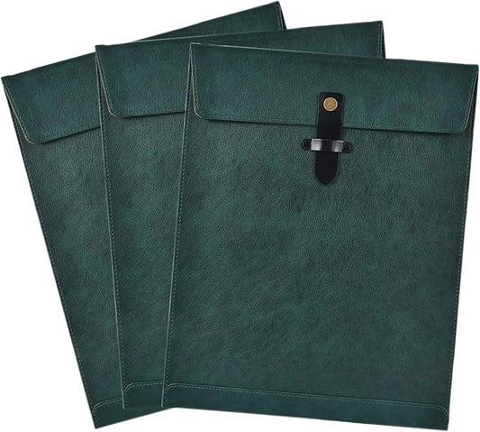 Green PU Leather File Folder, Snap Closure File Organizer, Important Document Folder, Document Organizer, Laptop Sleeve Notebook Case, Leather Folder A4 Envelopes Filing Folder 3PCS