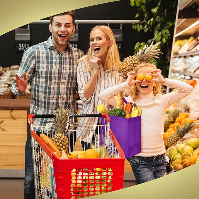 Reginary Reusable Totes Bags - 100 Pcs Non Woven Grocery Handle Bags for Shop Events & Retail Store(Purple)