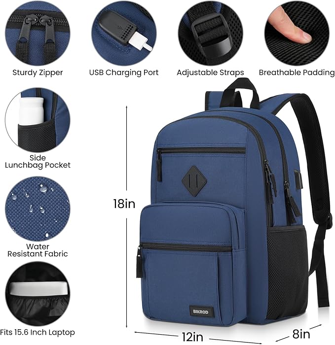 BIKROD Backpack for Boys Men, School Backpack for Teens Girls, Lightweight Casual High School Bookbag, Daily-use Travel Laptop Backpack with USB Charging Port Fits 15.6 Inch Notebook