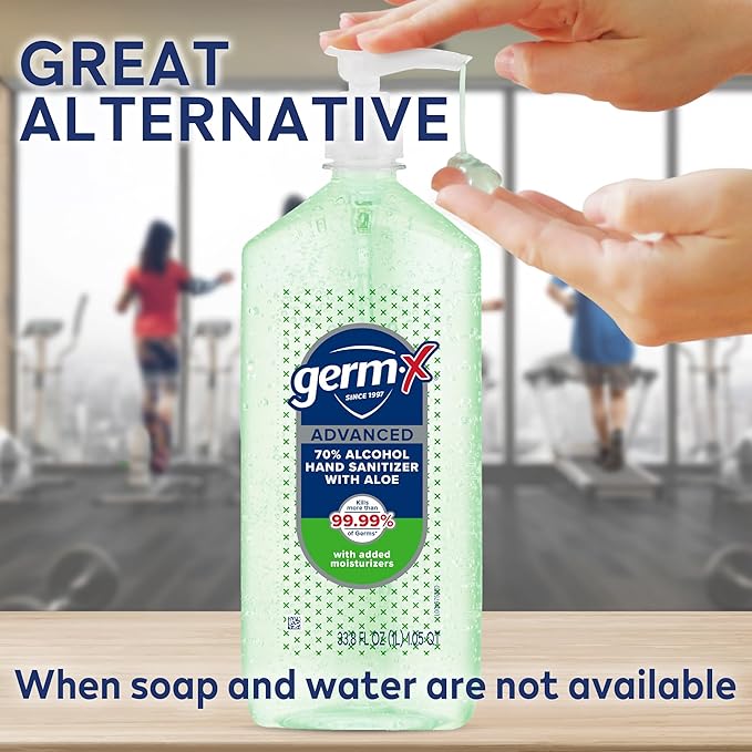Germ-X Advanced Hand Sanitizer with Aloe and Vitamin E, Non-Drying Moisturizing Gel, Instant and No Rinse Formula, Pump Bottle, Back to School Supplies, 1 Liter