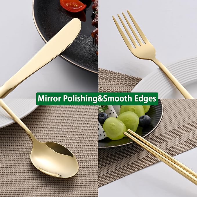 Gold Travel Utensils Set With Pouch,Outdoor Camping Silverware Set For Picnic Gadgets,Set Of 5 Portable Cutlery Spoon And Fork Set With Case For Dining