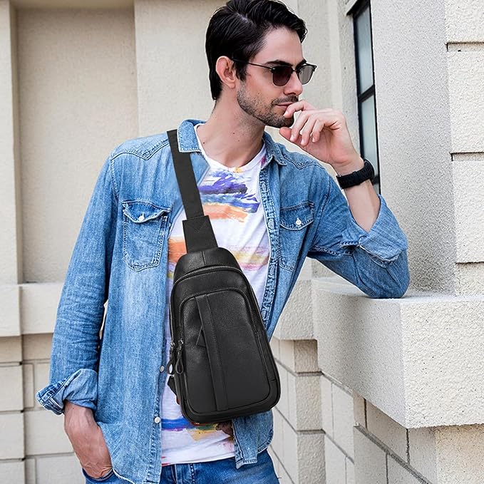 Genuine Leather Sling Bag Multi-pocket Chest Bag for Men Hiking Travel Daypack