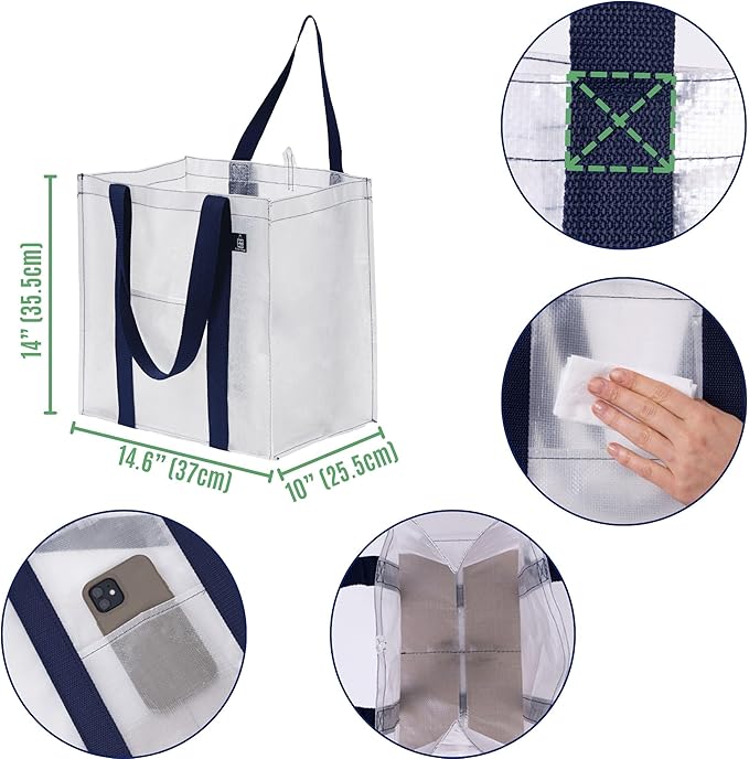 VENO 4 Pack Reusable Grocery Bags, Heavy-Duty Shopping Bags with Handles, Bags for Shopping Cart with Hard Bottom to Stand Upright, Foldable, Multi-Purpose(Clear, 4 Pack)