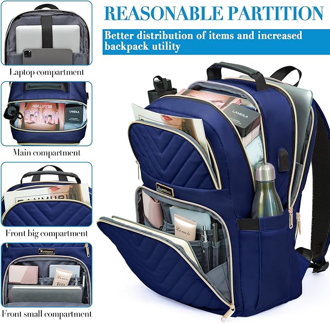 Navy Blue 15.6 Inch Laptop Backpack for Women, Stylish Water-Resistant Backpack with USB Charging Port, Anti-Theft Pockets, and Padded Laptop Compartment