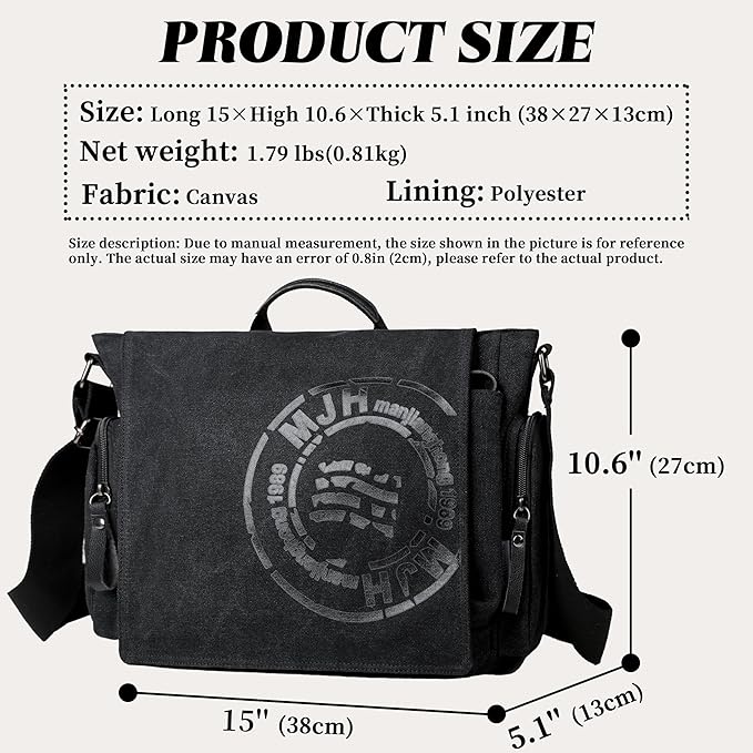 FSD.WG Satchel Messenger Bag for Men Canvas,Travel Shoulder bag 13.5" Laptop Bags