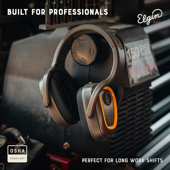 Elgin Rampage Bluetooth Hearing Protection Headphones, OSHA Compliant, 25 dB NRR, Noise Isolating Microphone, 40+ Hour Battery, IP65 Rated, Ideal for Construction, Landscaping, Industrial Use